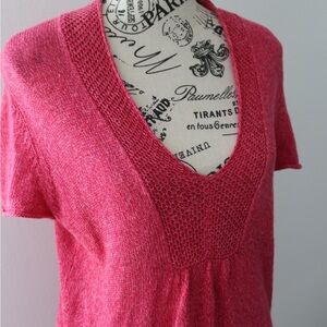 Eileen Fisher Blouse Top Small Slub Knit Rose Pink Linen Short Sleeve V Neck